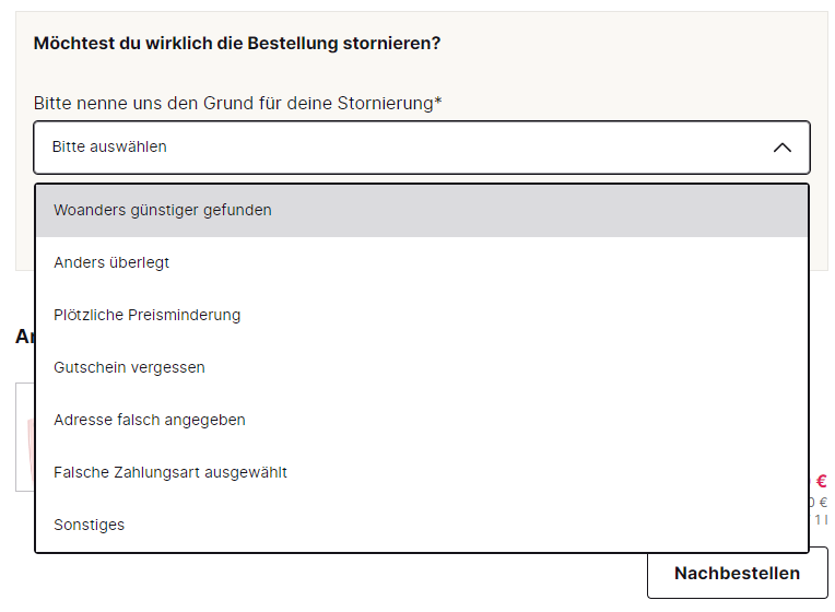 Stornierungsgrund angeben