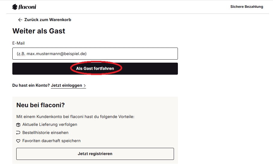 E-Mail-Adresse eingeben und als Gast fortfahren