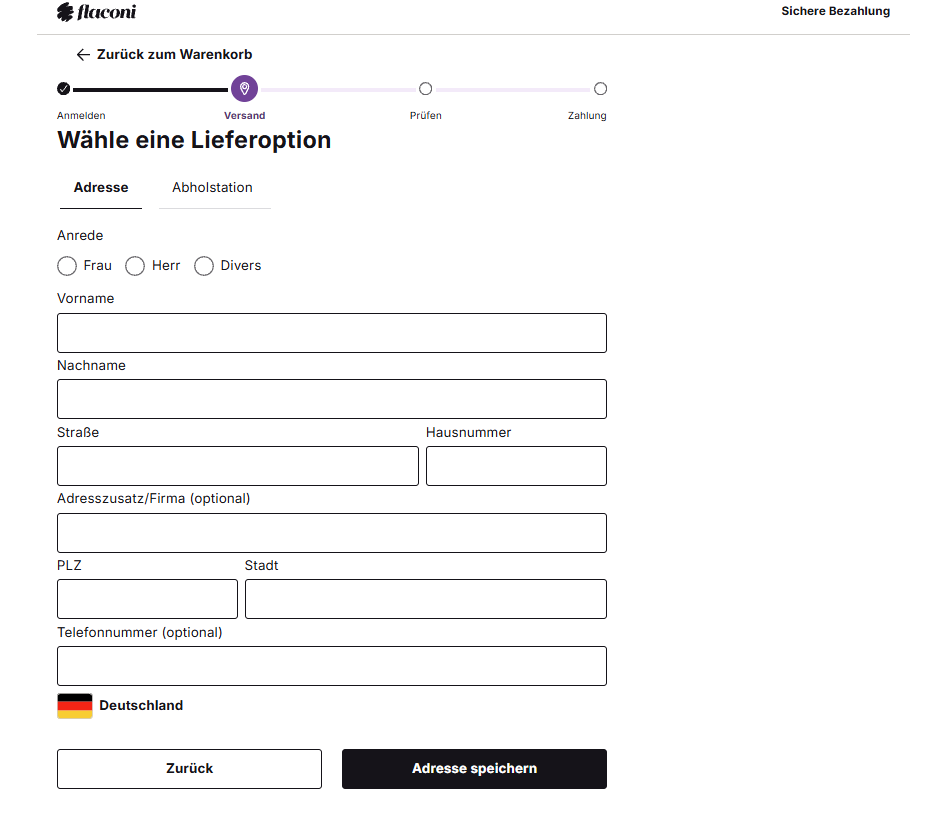 Lieferoption und Adresse eingeben