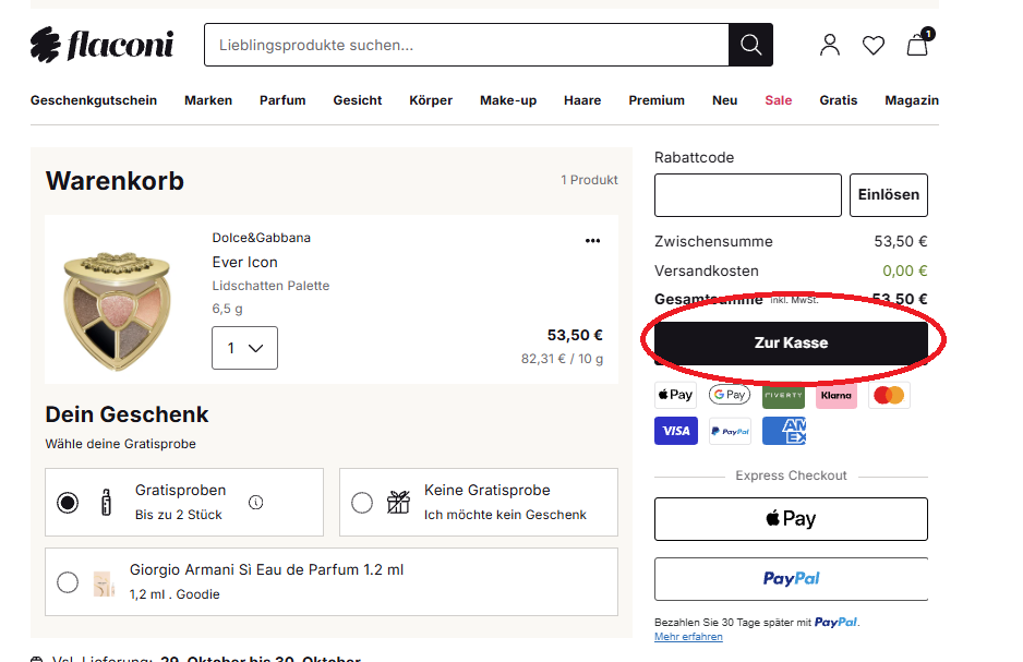 Warenkorb mit Klick auf Zur Kasse